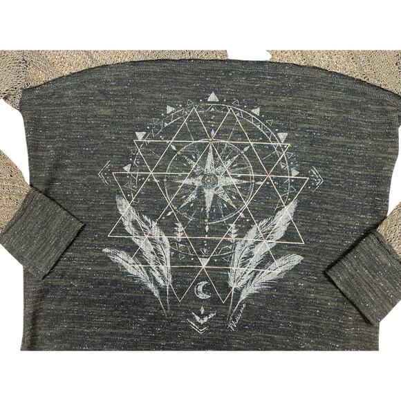 Miss Me Boho Graphic Lace Sleeve Top Small Green Sheer Knit Festival Western Top - Picture 3 of 5